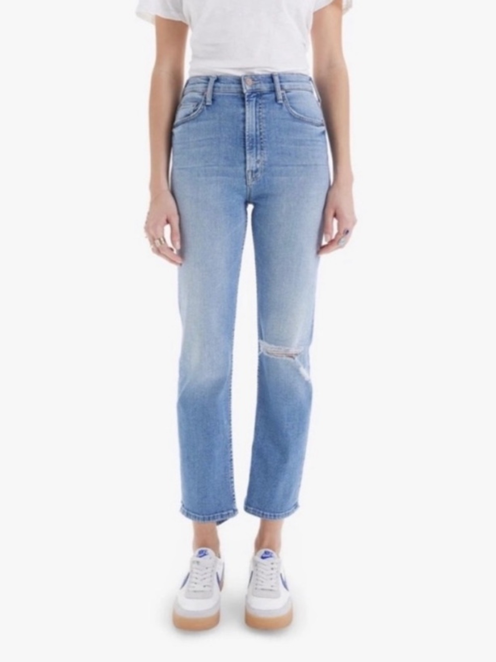 MOTHER High-Rise Cropped Ankle Jeans in Light Blue Wash
